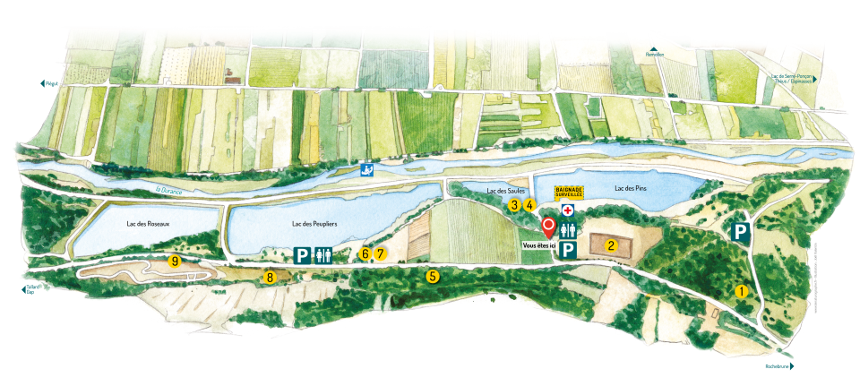 Plan de la base de loisirs Les 3 lacs en bord de Durance 